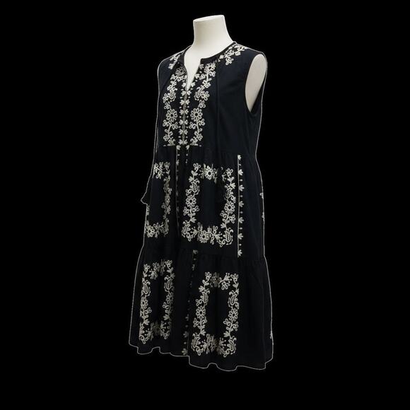 Calling June Embroidered Floral Black Dress LARGE Clean EUC Cotton/Linen - Picture 2 of 12